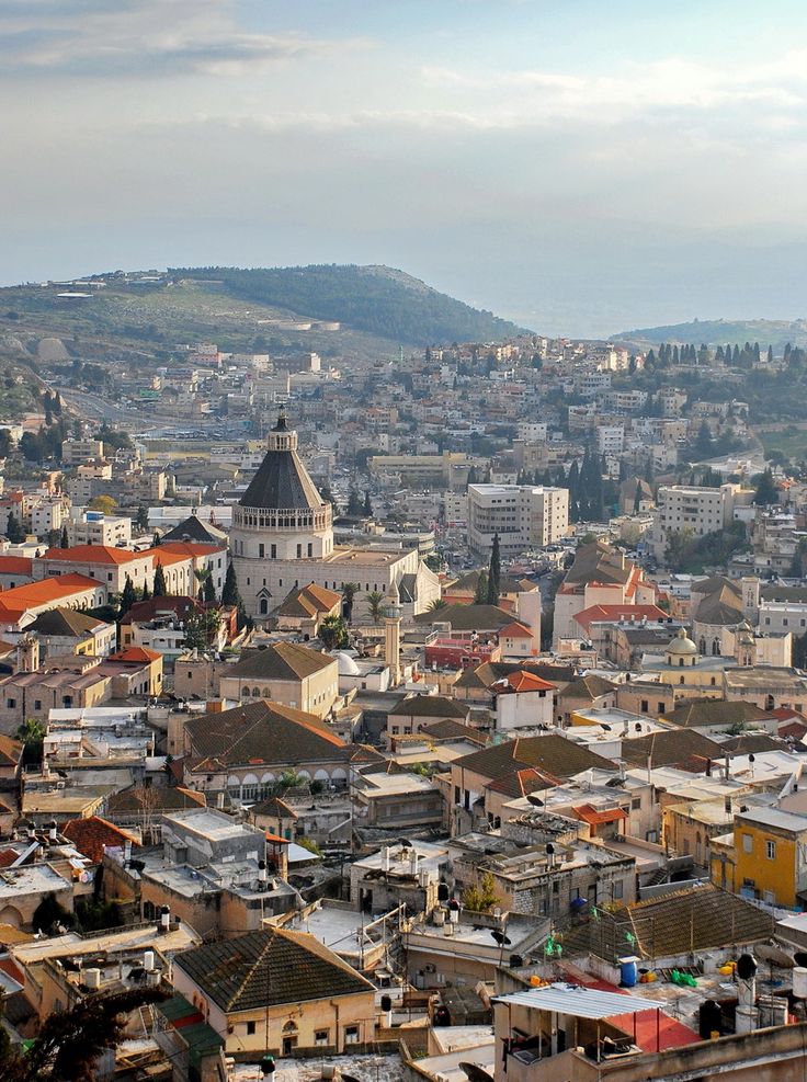 An aerial view of the old town of Nazareth, with the Church of the Annunciation at the centre